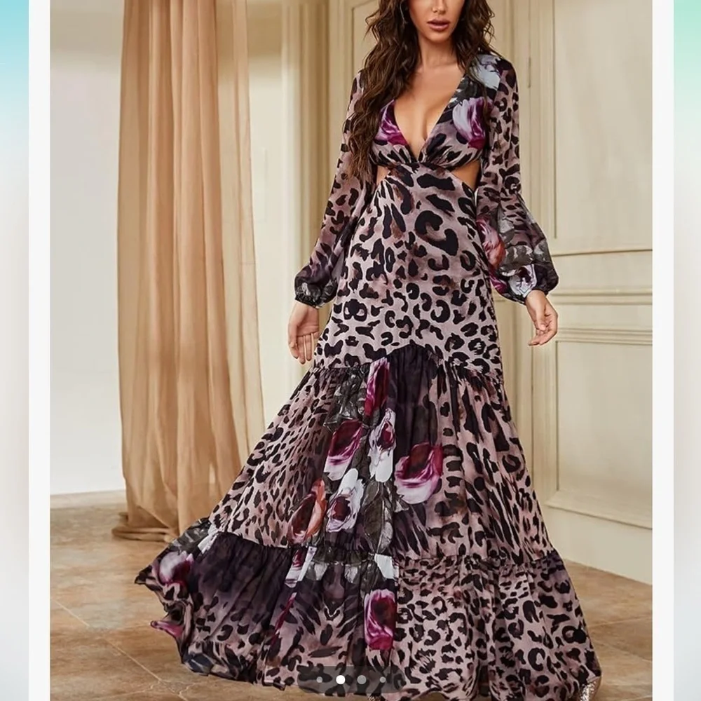 Giffniseti Leopard Floral Print Long Sleeve Ruffle Hem Maxi Dress NWT - Picture 2 of 16
